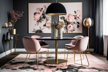 modern dining room with pink chairs and a black table. Generative AI