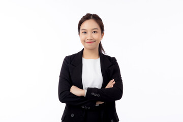 Portrait beautiful businesswoman in suit with arms crossed standing isolated on white background, young asian business woman is manager or executive smile with confident is positive and success.