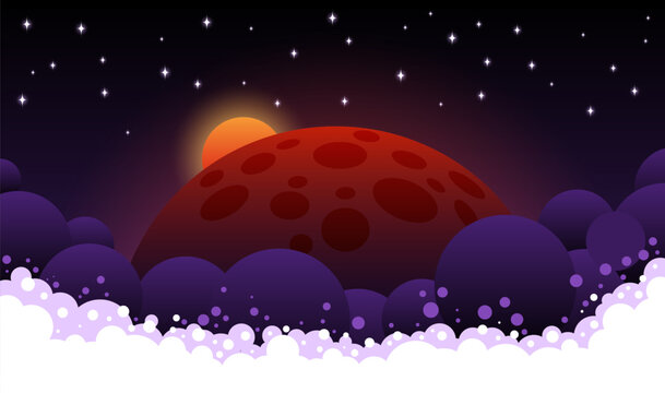 Space scene with swirling clouds, dark red planet and moonrise, stars in the backdrop. Vector illustration