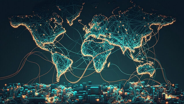 World map and globe background or wallpaper. Technology network connection and communication light. Global Technology concept. night viewed from space with city lights. AI Generated