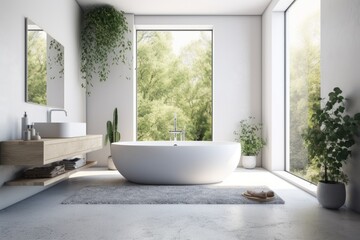 Fototapeta na wymiar serene bathroom with a white bathtub placed by a window. Generative AI