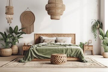 cozy bedroom with natural elements. Generative AI