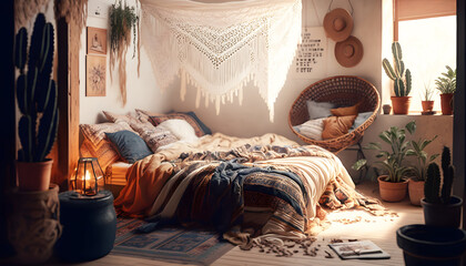 interior of a bedroom bohemian style, generative AI