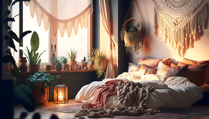 interior of a bedroom bohemian style, generative AI