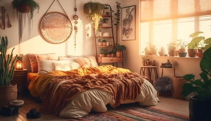 interior of a bedroom bohemian style, generative AI