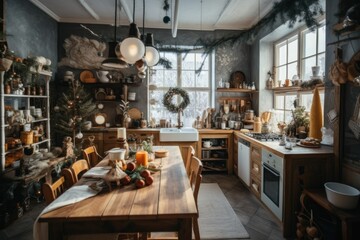 Fototapeta na wymiar rustic kitchen with wooden furniture and decor. Generative AI