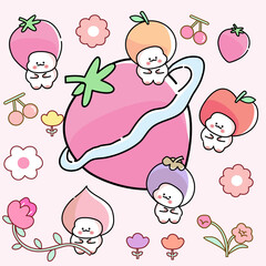 Cute Kawaii Cute bunny funny Sweet rabbit set of cute bunny fruit and flower