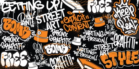 Fotobehang Graffiti background with throw-up and tagging hand-drawn style. Street art graffiti urban theme for prints, banners, and textiles in vector format. © Themeaseven