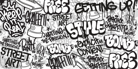 Graffiti background with throw-up and tagging hand-drawn style. Street art graffiti urban theme for prints, banners, and textiles in vector format. © Themeaseven