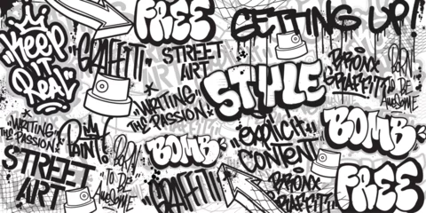 Plexiglas foto achterwand Graffiti background with throw-up and tagging hand-drawn style. Street art graffiti urban theme for prints, banners, and textiles in vector format. © Themeaseven