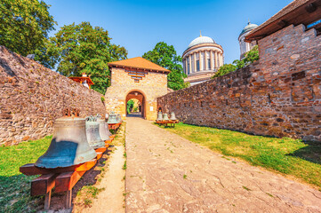 Historic town from the Esztergom basilica in Hungary. The Danube river and the border bridge to the...