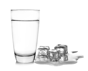 Glass of water and ice cubes on  transparent png