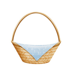 Obraz premium Watercolor brown basket and blue fabric. 