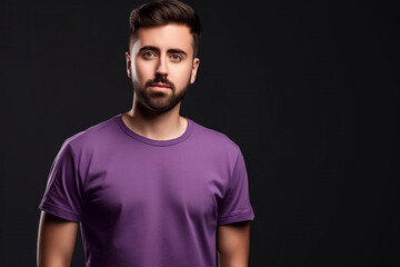 Fototapeta premium Generative AI. Purple T-Shirt Mockup on Male Model