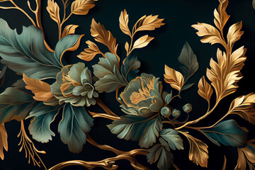 Golden leaf and green flower in a dark green background for canvas and wall wart - generative ai