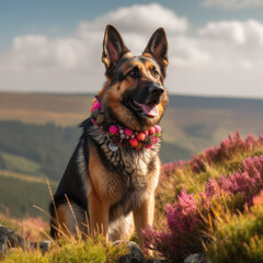 German Shepherd with a floral collar, standing proudly on a hilltop. Generative AI.