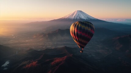 A colorful hot air balloon floating over Mt. Fuji