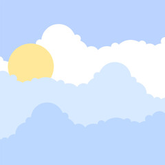 Cartoon clouds sun. Sunny day sky scene cartoon. Vector illustration.