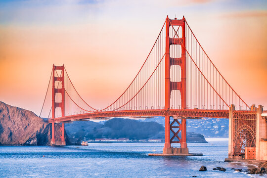 Beautiful view of the Golden Gate Bridge in San Francisco, pastel colors. Concept, travel, world attractions