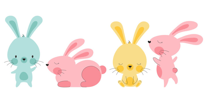 Big set of cute coloured hand drawn bunnies