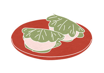 皿にのったピンク色の柏餅のイラスト（版画風）