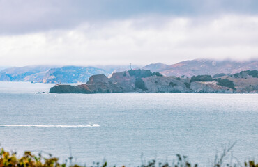 View of the Marin Headlands from Baker Beach in San Francisco, CA