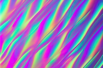 Holographic background texture design of neon iridescent wrinkled blue foil surface. 80s or 90s neon colors in wrinkled gradient foil pastel background, Generative AI