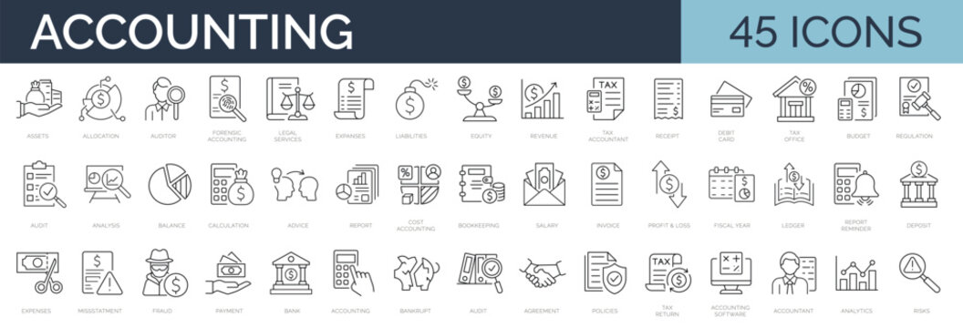 Set of 45 line icons related to accounting, audit, taxes. Outline icon collection. Business symbols. Editable stroke. Vector illustration