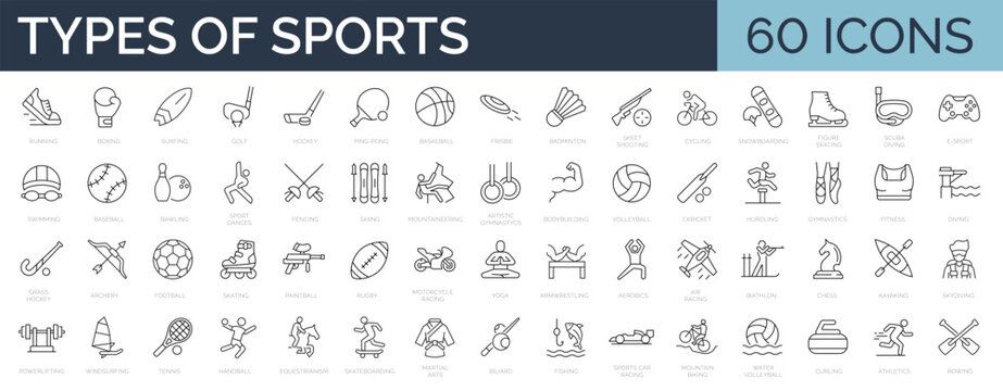 Set of 60 line icons related to types of sports. Collection of 60 kinds of sports and activities. Editables stroke. Vector illustration