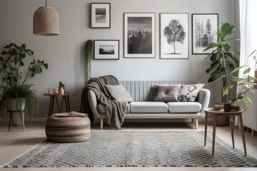 cozy living room with a comfortable couch and a patterned rug. Generative AI
