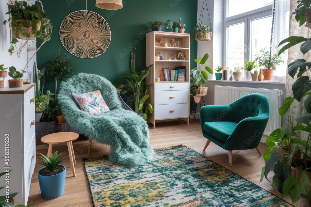 Poster lush and green living room filled with plants and cozy furniture. Generative AI