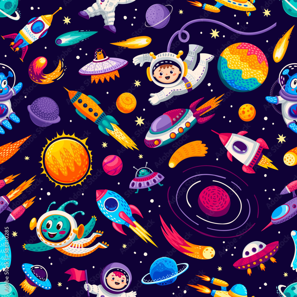 Poster cartoon kids space and galaxy seamless pattern. vector cosmic repeated background with funny astrona