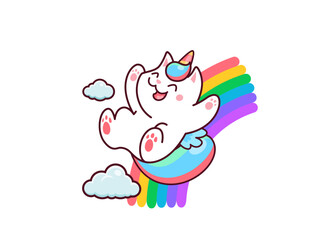 Cartoon cute kawaii caticorn character riding on rainbow. Magic creature of unicorn cat or kitty vector personage with rainbow horn and tail. Happy caticorn pet animal playing in sky with cloud