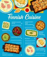 Finnish cuisine restaurant menu page. Soup Lohikeitto, reindeer stew and Karelian meat stew Karjalanpaisti, herring potato forshmak, mushroom salad and smoked salmon salad, pea soup, salmon casserole