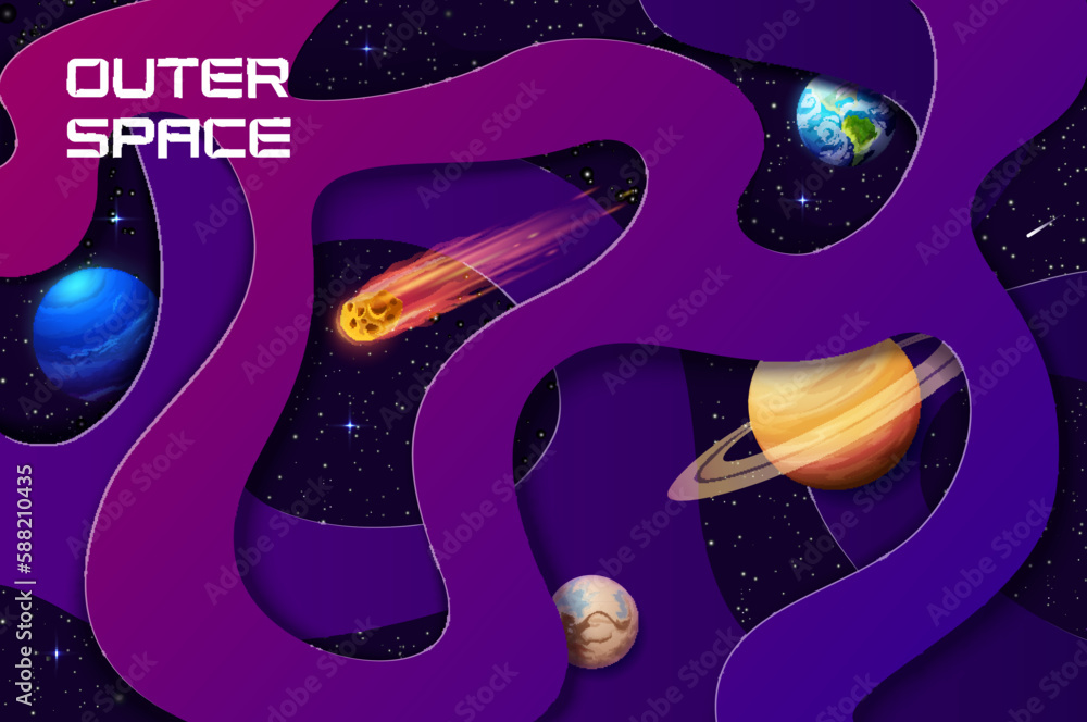 Poster outer space paper cut poster with galaxy planets and stars. 3d vector background with universe insid