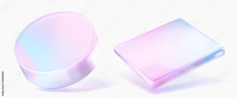 Poster 3d crystal glass texture shape with holographic gradient. isolated vector circle and square object s