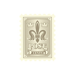 Antique postcard, retro postage stamp and vintage mail with heraldry lily. Postal retro label, postcard vector stamp or mail mark. Post envelope perforated postmark with medieval heraldic symbol
