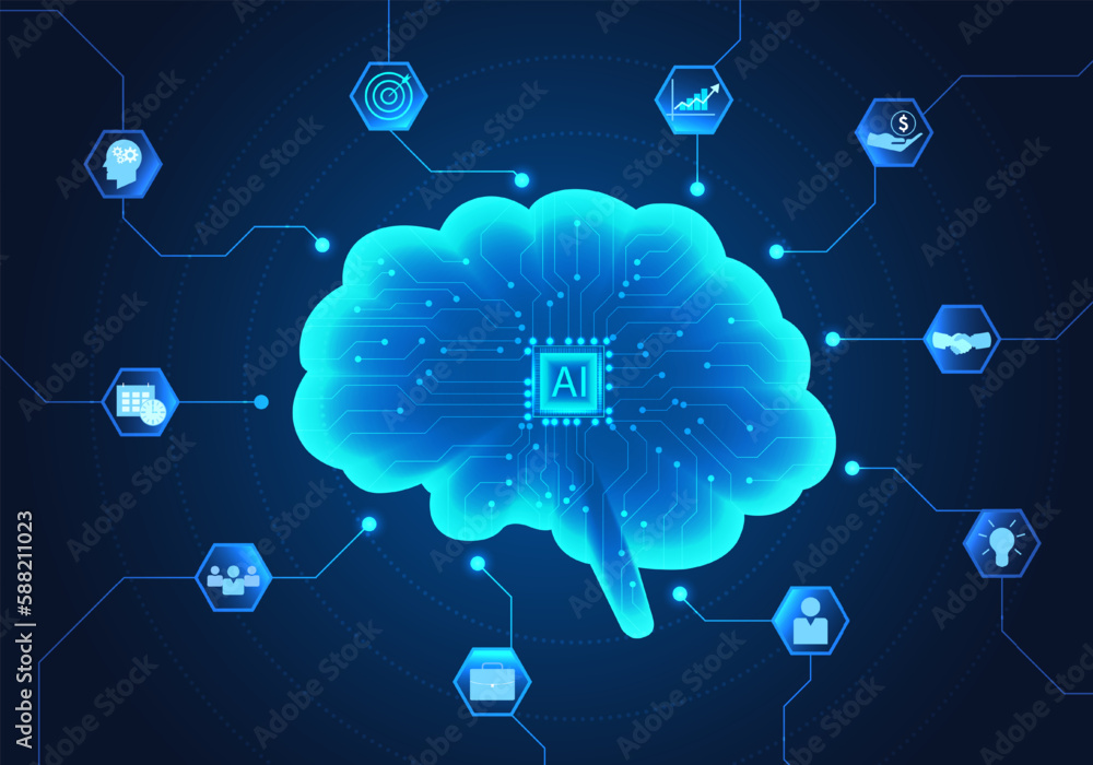 Poster smart technology of artificial intelligence brain that keeps commanding human controls to help make 