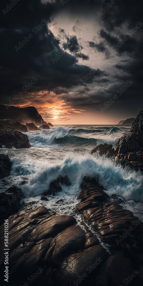 Poster scene of waves lapping against rocks at sunset under an overcast sky. generative ai