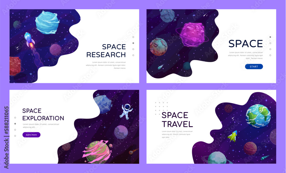 Aufkleber Space landing page with galaxy planets, spaceship, astronaut and asteroids. Vector web banners with cosmonaut and shuttles flying in Universe with stars and comets in alien world, colonization mission
