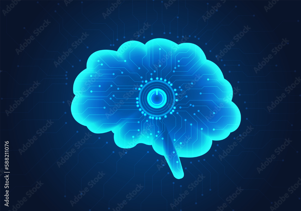 Poster technology power button of artificial intelligence brain that keeps commanding human controls to hel