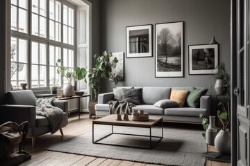 Naklejka na ściany i meble spacious living room with abundant natural light and comfortable furniture. Generative AI
