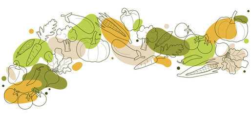 Horizontal banner cooking course. Hand drawn healthy and organic food in the style of a doodle. Vegan products vector illustration. We cook food at home. The concept of healthy food. A perfect templat