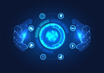 Background technology two hands of a businessman Featured with different business icons, it means that the business owner is the one who controls and plans to expand the business to grow the business.