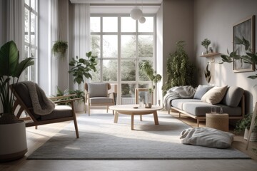 Fototapeta na wymiar cozy living room with natural light coming through a large window. Generative AI