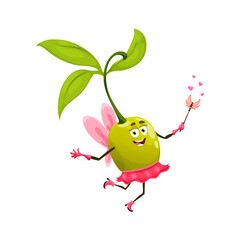 Cartoon Halloween olive fairy character. Isolated vector humorous veggies personage donning funny fantasy pixie costume and casting spell with wand merrily participating in festive holiday celebration