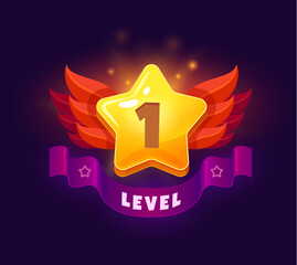 Game level up badge and win icon. Vector golden star, red wings, and purple banner. Casino bonus, rank reward, victory, success achievement award trophy, ui or gui mobile app winner surprise gift - obrazy, fototapety, plakaty
