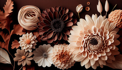 Top View of Delicate Beige and Brown Floral Composition for Elegant Wall Art - generative ai