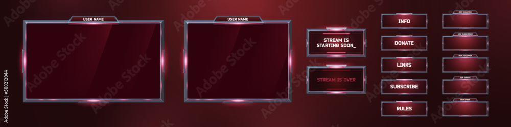 Poster futuristic twitch stream overlay and button ui template. gamer neon cyber video screen interface. pa