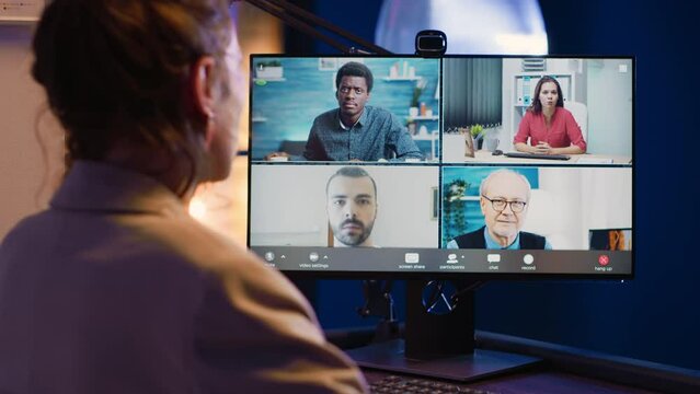 Office worker meeting with coworkers on video call, attending online teleconference on computer. Executive advisor talking to business people on remote videoconference call, internet chat.